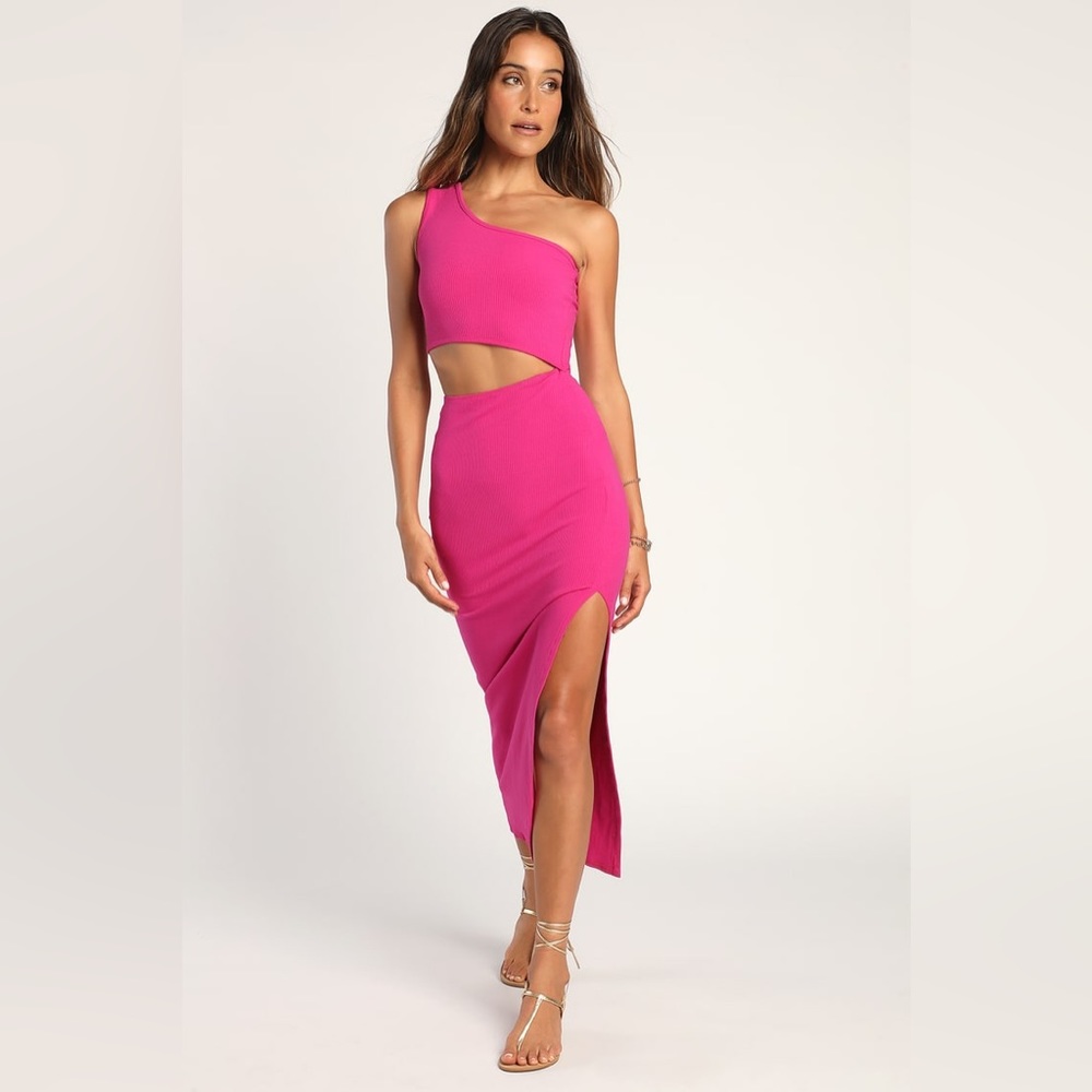 Lulus Spice Things Up Magenta Ribbed One-Shoulder Cutout Midi Dress- XL/ X-Large